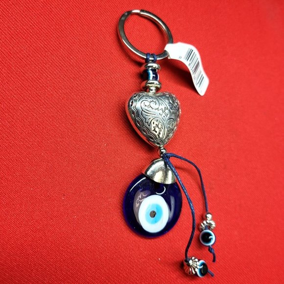 Keychain Key Ring Blue Glass Evil Eye Puffy Heart Silver Tone Metal Etched - Picture 10 of 11